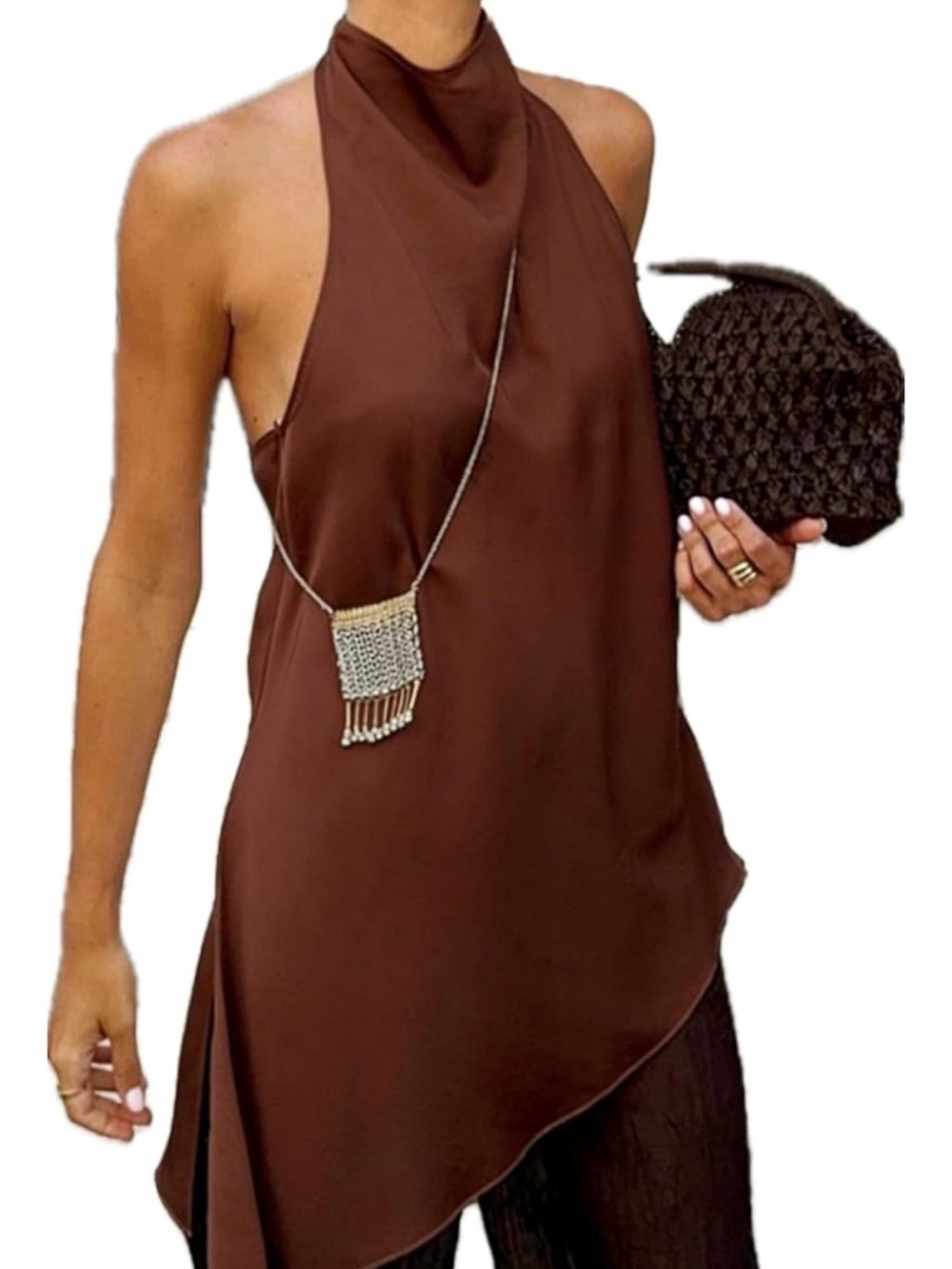 Women’s Silky Satin “Coffee” Brown Asymmetrical Backless Halter Top Camisole